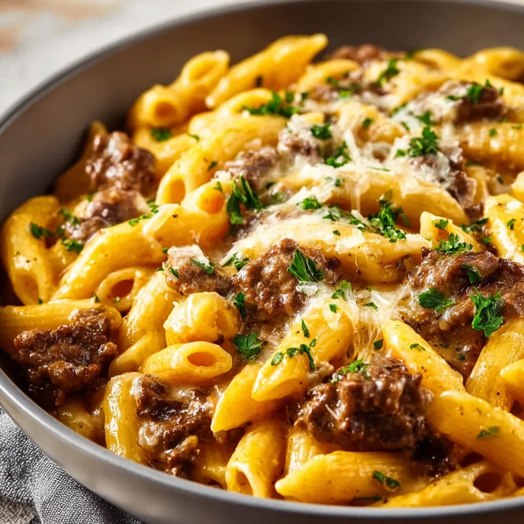 Close-up view of a delicious plate of Beef Pasta, ready to be served.