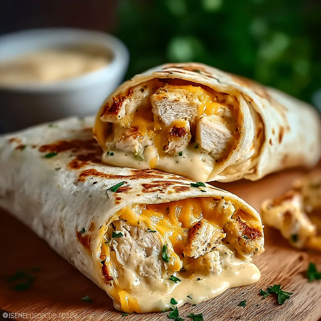 Close-up of delicious Cheesy Garlic Chicken Wraps, showcasing the cheesy filling and golden-brown wrap.