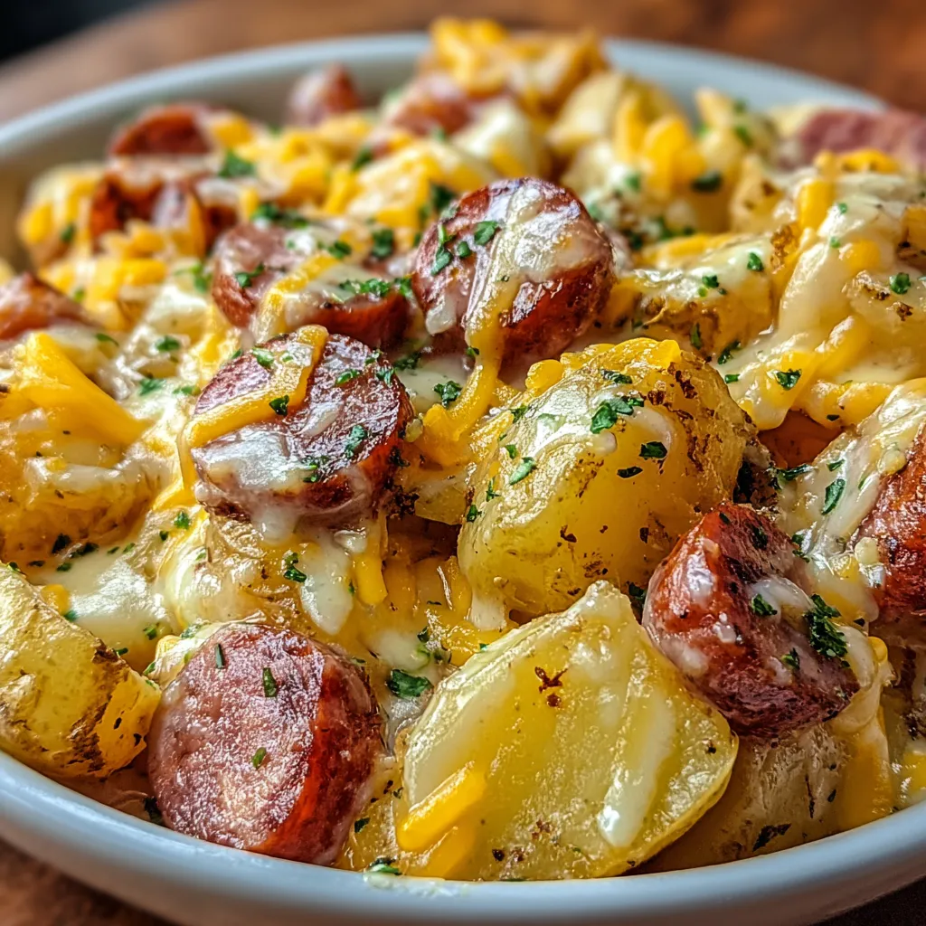 Close-up shot of Cheesy Ranch Potatoes and Smoked Sausage showcasing the melted cheese and savory sausage in a creamy ranch sauce.
