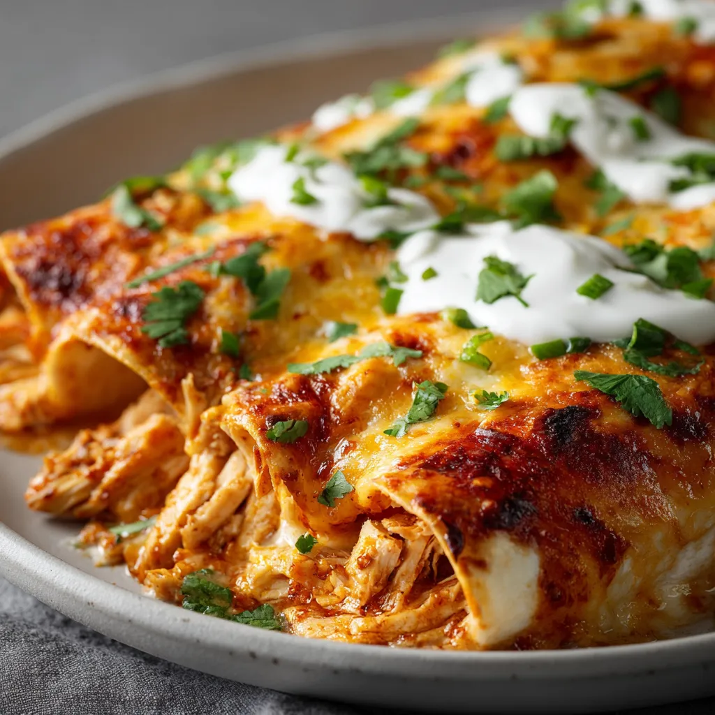 A close-up shot showcasing the cheesy, saucy goodness of freshly baked Chicken Enchiladas.