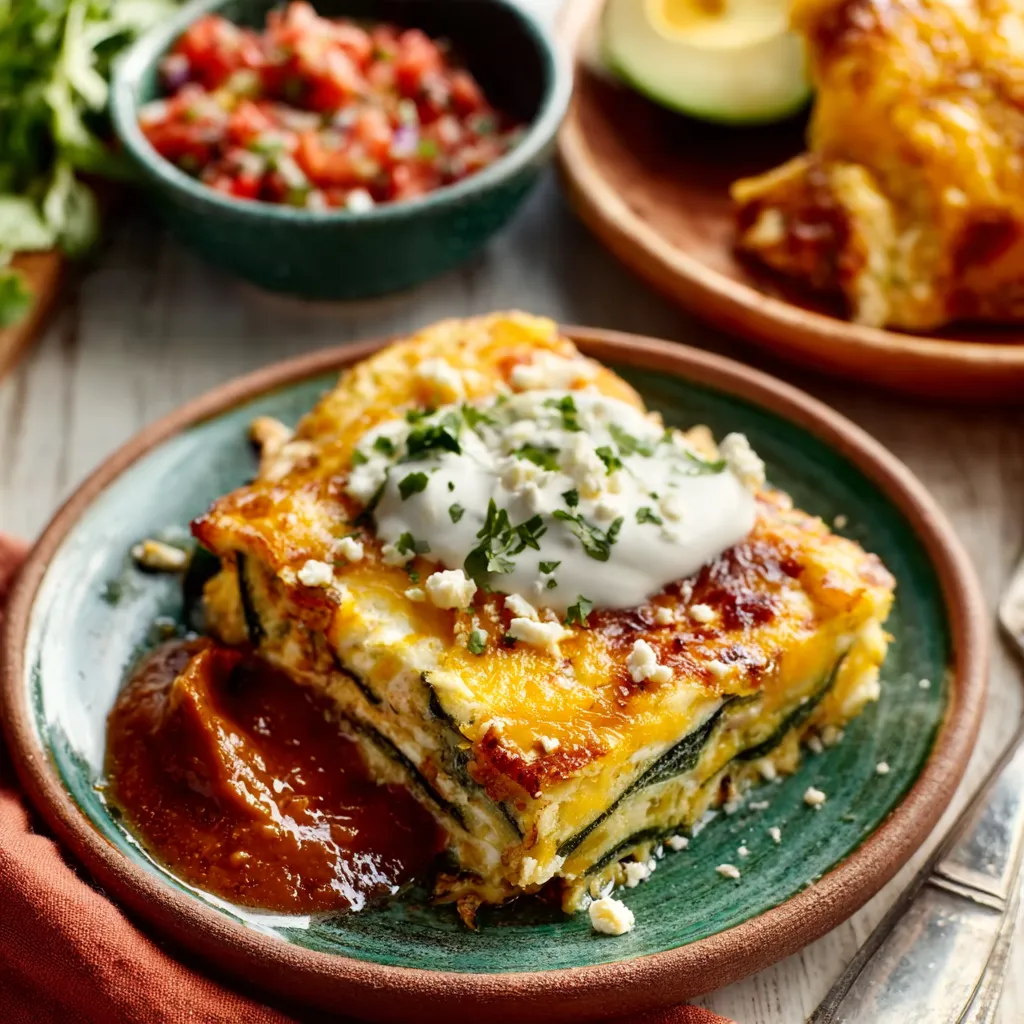 Overhead view of a freshly baked Chile Relleno Casserole, ready to be served.