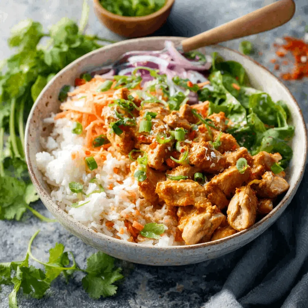 Close-up of a flavorful Coconut Chicken Rice Bowl with visible coconut flakes, juicy chicken, and fluffy rice.