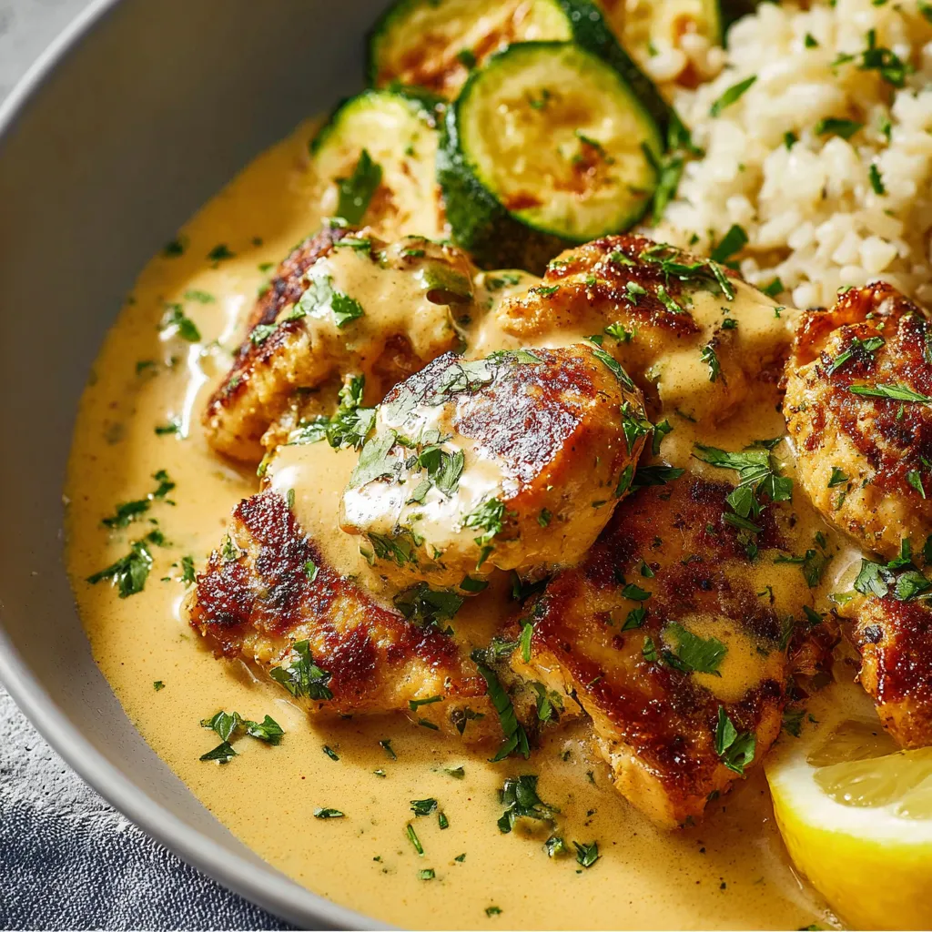 Close-up shot of freshly prepared Creamy Lemon Butter Chicken, showcasing its creamy sauce and juicy chicken pieces.