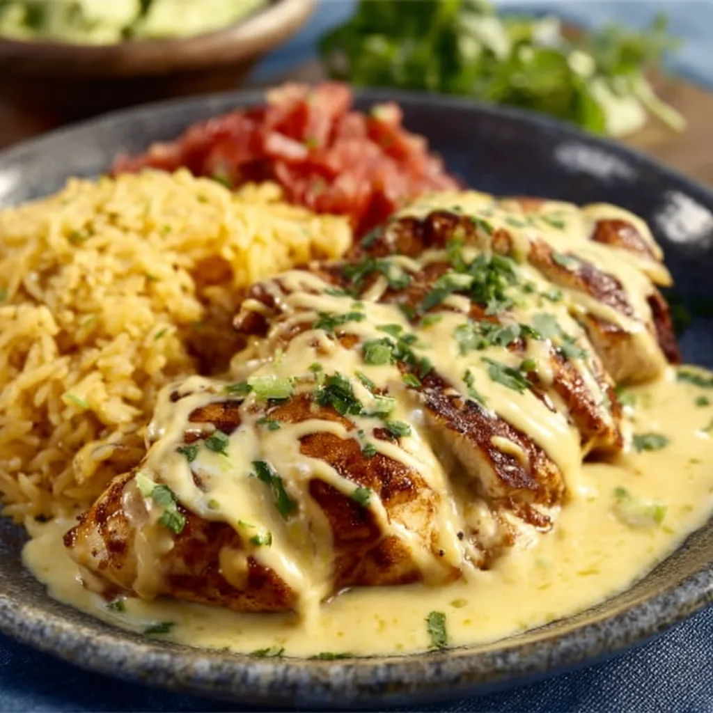 Creamy Mexican Chicken With Cheese Sauce is pictured in a close-up shot, showcasing its creamy texture and cheesy topping.