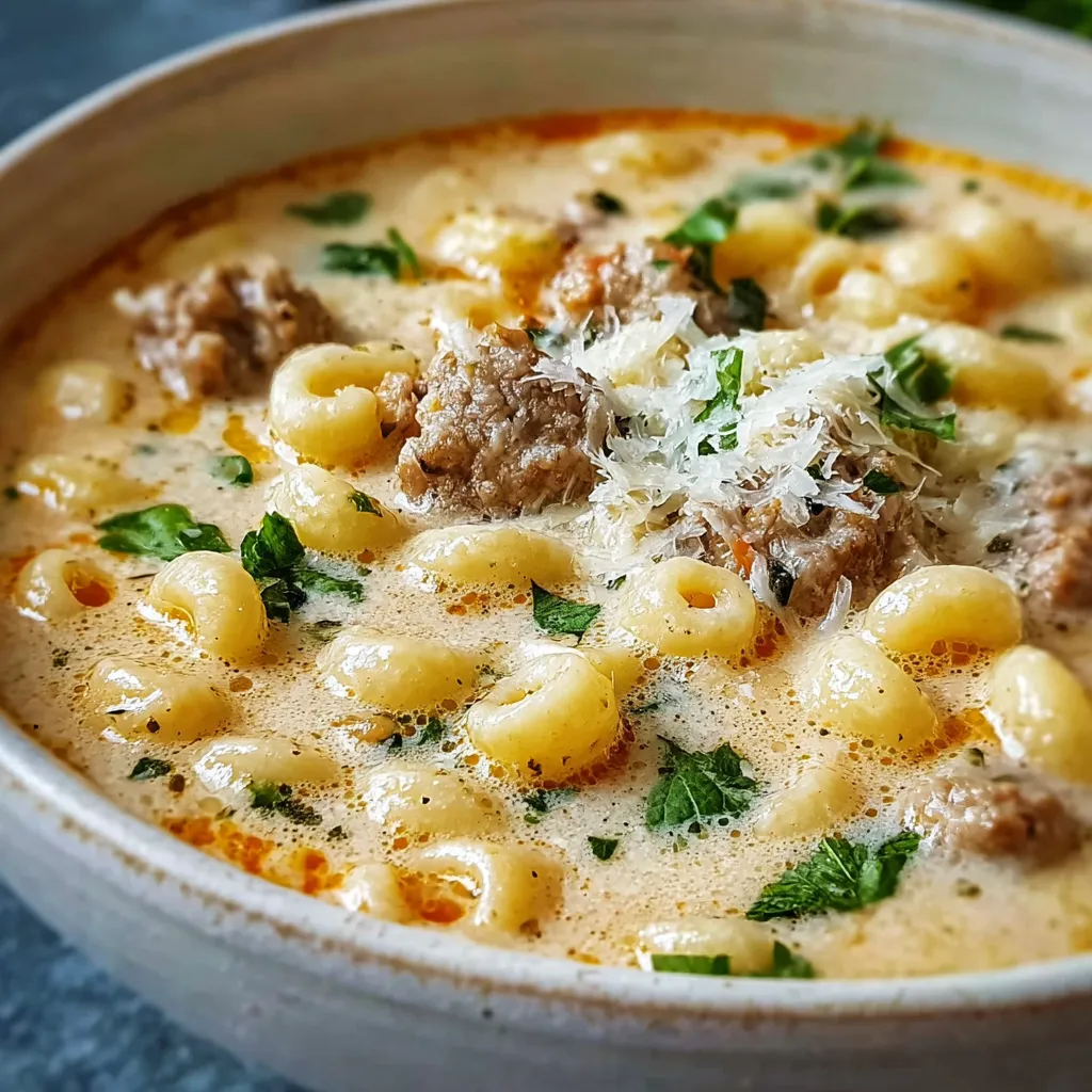 Creamy Parmesan Italian Sausage Ditalini Soup is pictured in a close-up shot, showcasing its creamy broth and ditalini pasta.