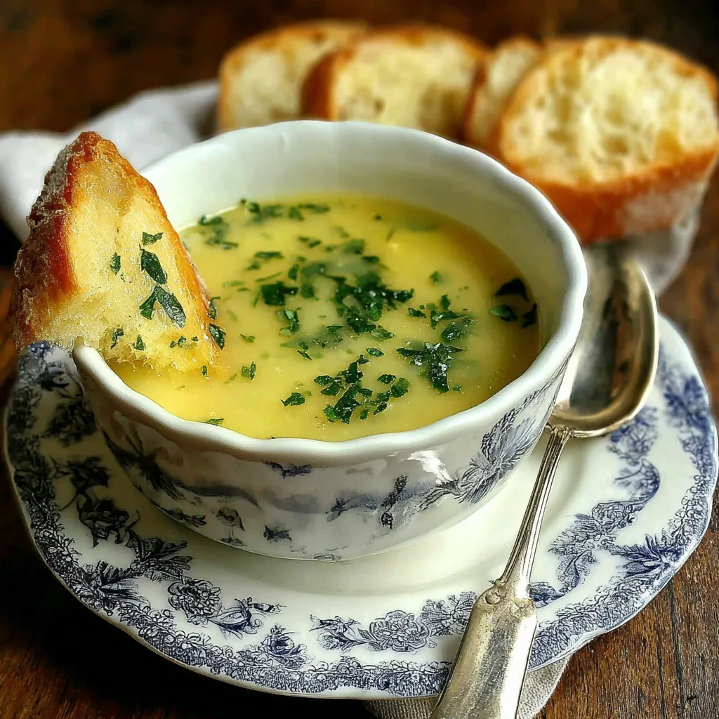 Close-up view of creamy French Garlic Soup in a white bowl, showcasing its rich texture and aromatic garlic cloves.