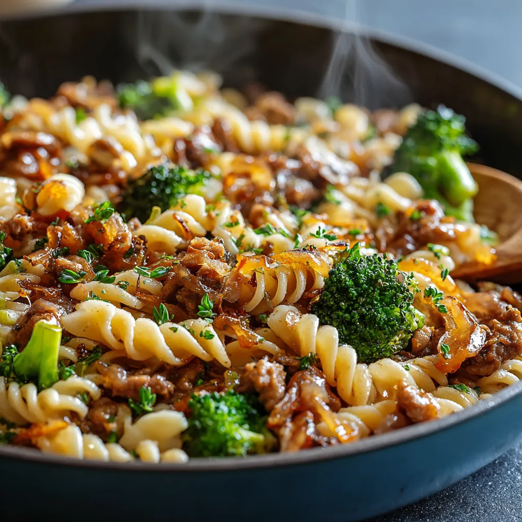 Close-up view of cheesy and caramelized French Onion Pasta, showcasing its rich, savory flavors.