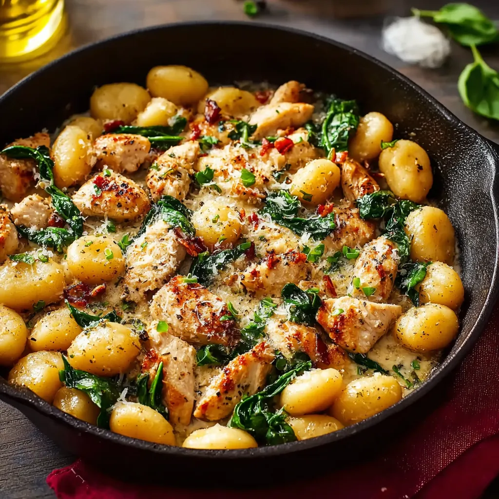 Close-up of a creamy Garlic Chicken Gnocchi Skillet with golden-brown chicken and soft gnocchi, ready to be served.