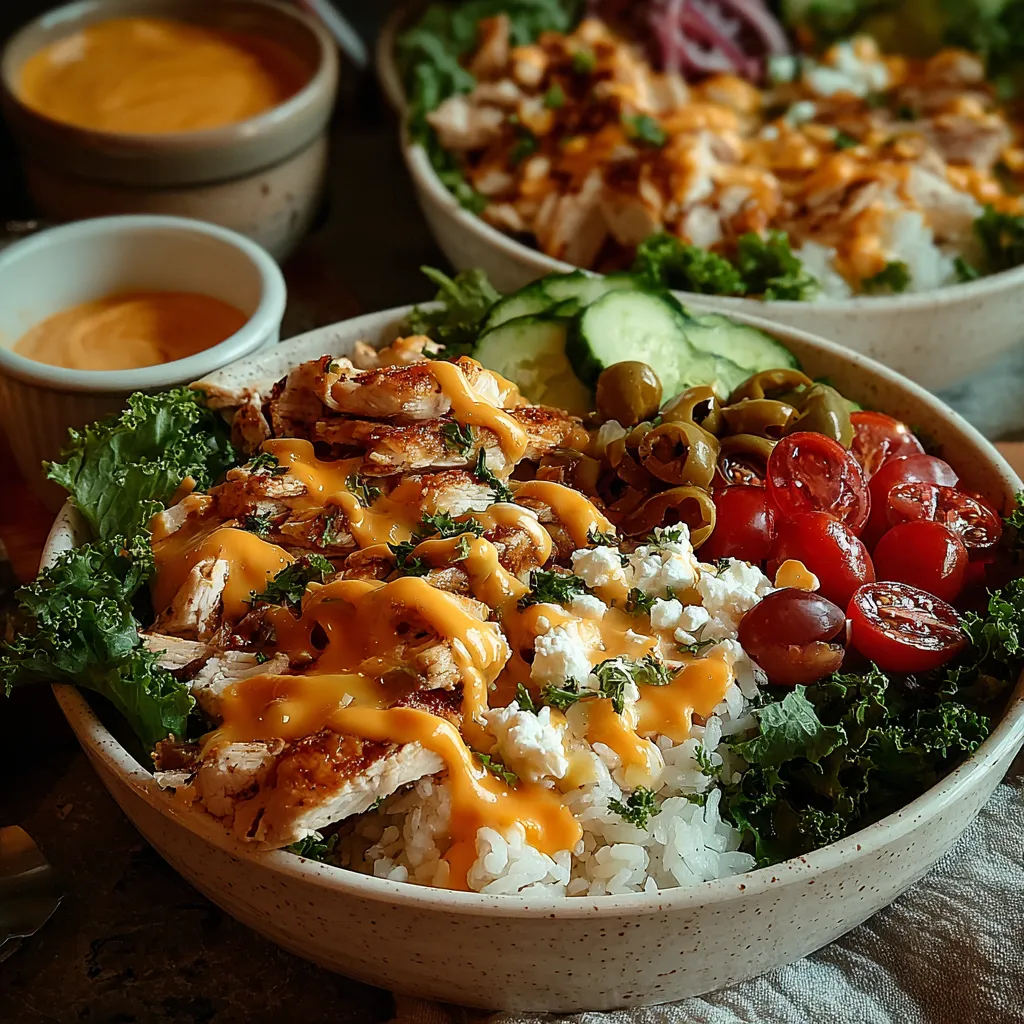 Close-up shot showcases a delicious serving of Greek Chicken Bowls with seasoned chicken, fresh vegetables, and creamy tzatziki sauce.