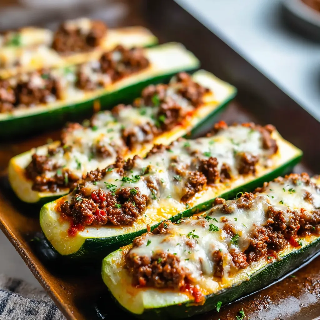 A close-up shot showcasing delicious Ground Beef Zucchini Boats, highlighting the savory filling and vibrant green zucchini.
