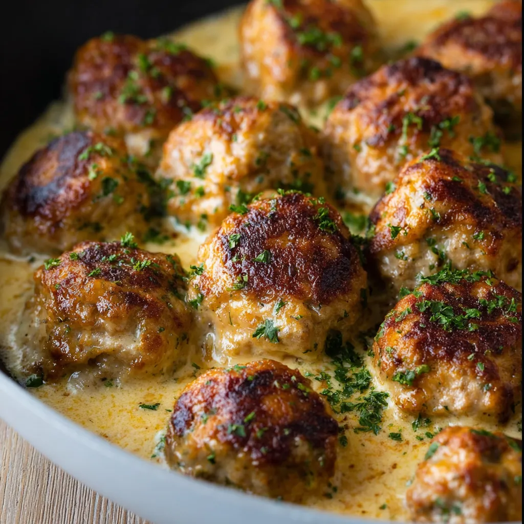 Close-up of delicious and juicy Turkey Meatballs, ready to be served in a flavorful sauce.