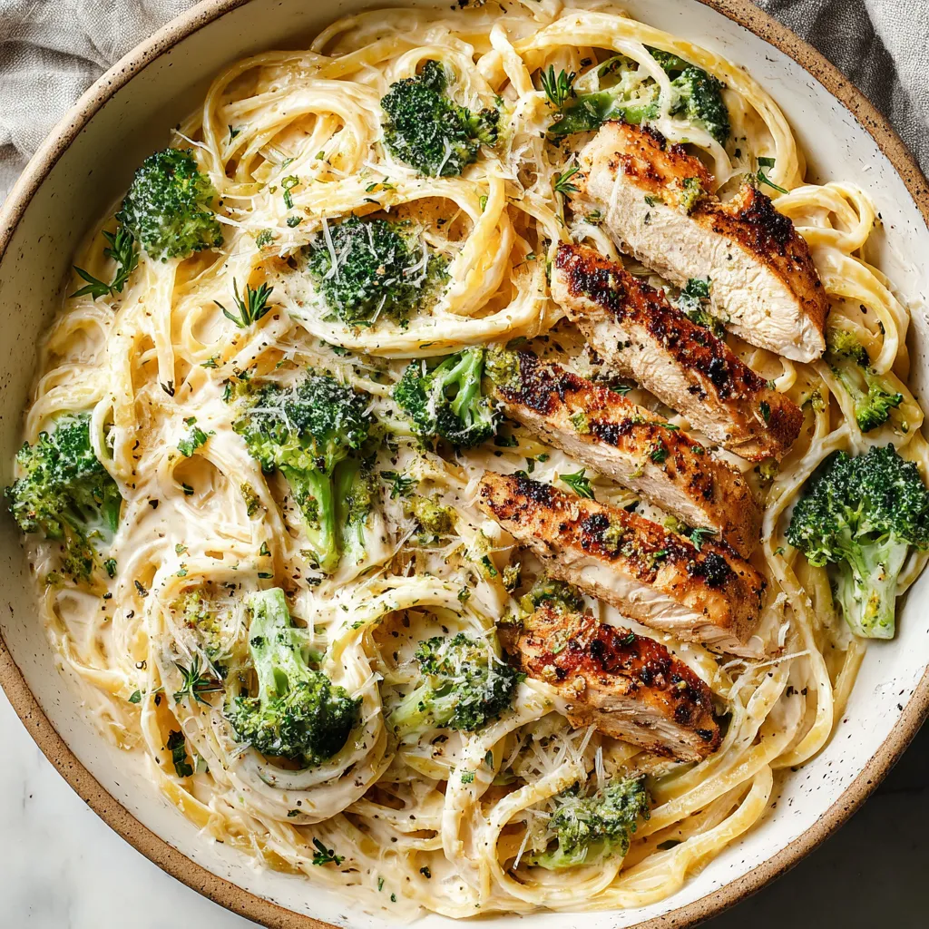 Close-up shot of creamy Chicken Alfredo pasta, showcasing the tender chicken and rich sauce.