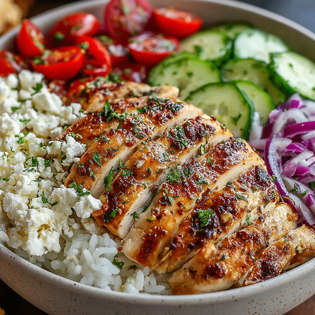Close-up shot of vibrant Mediterranean Greek Chicken Bowls featuring grilled chicken, fresh vegetables, and creamy tzatziki sauce.