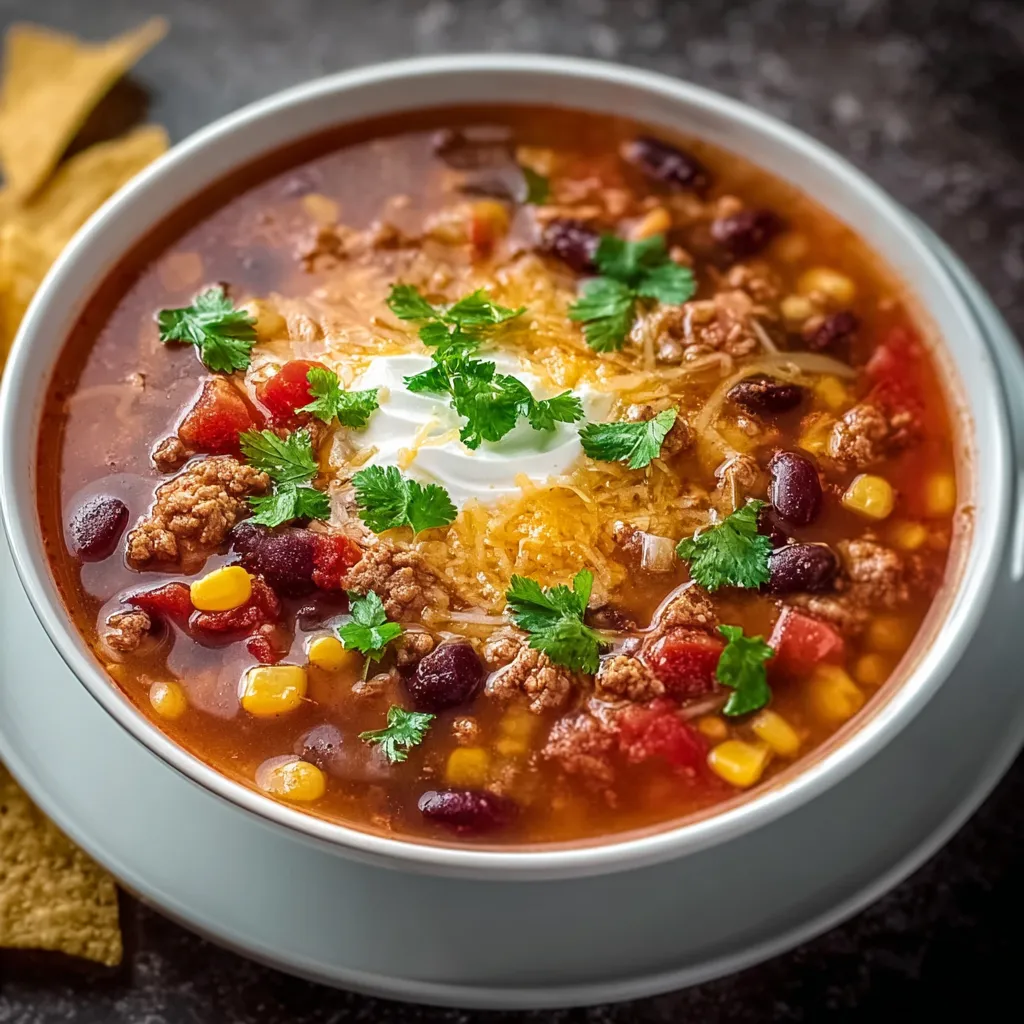 A close-up shows a colorful bowl of Taco Soup, highlighting the rich broth and various toppings.