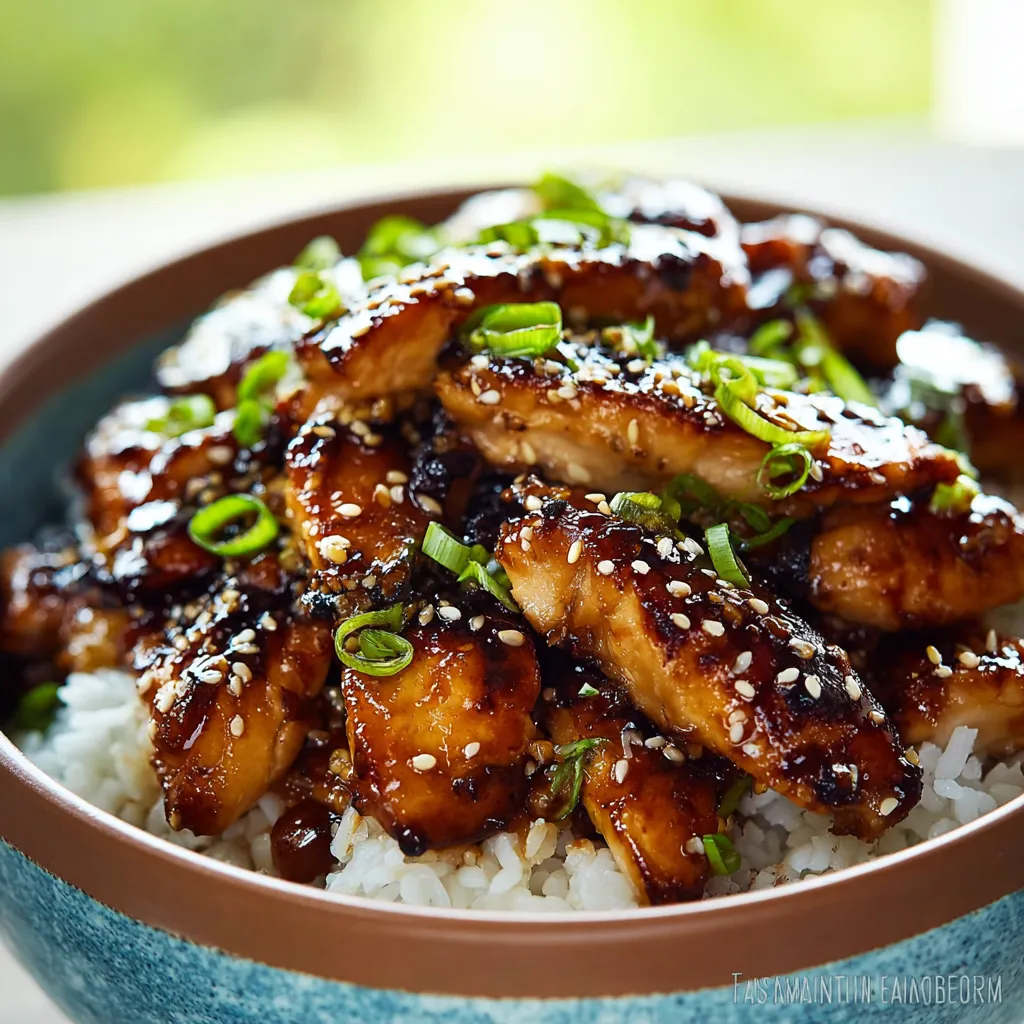 Close-up of delicious Teriyaki Chicken, showcasing its glaze and garnishes, in a blog post about this popular dish.