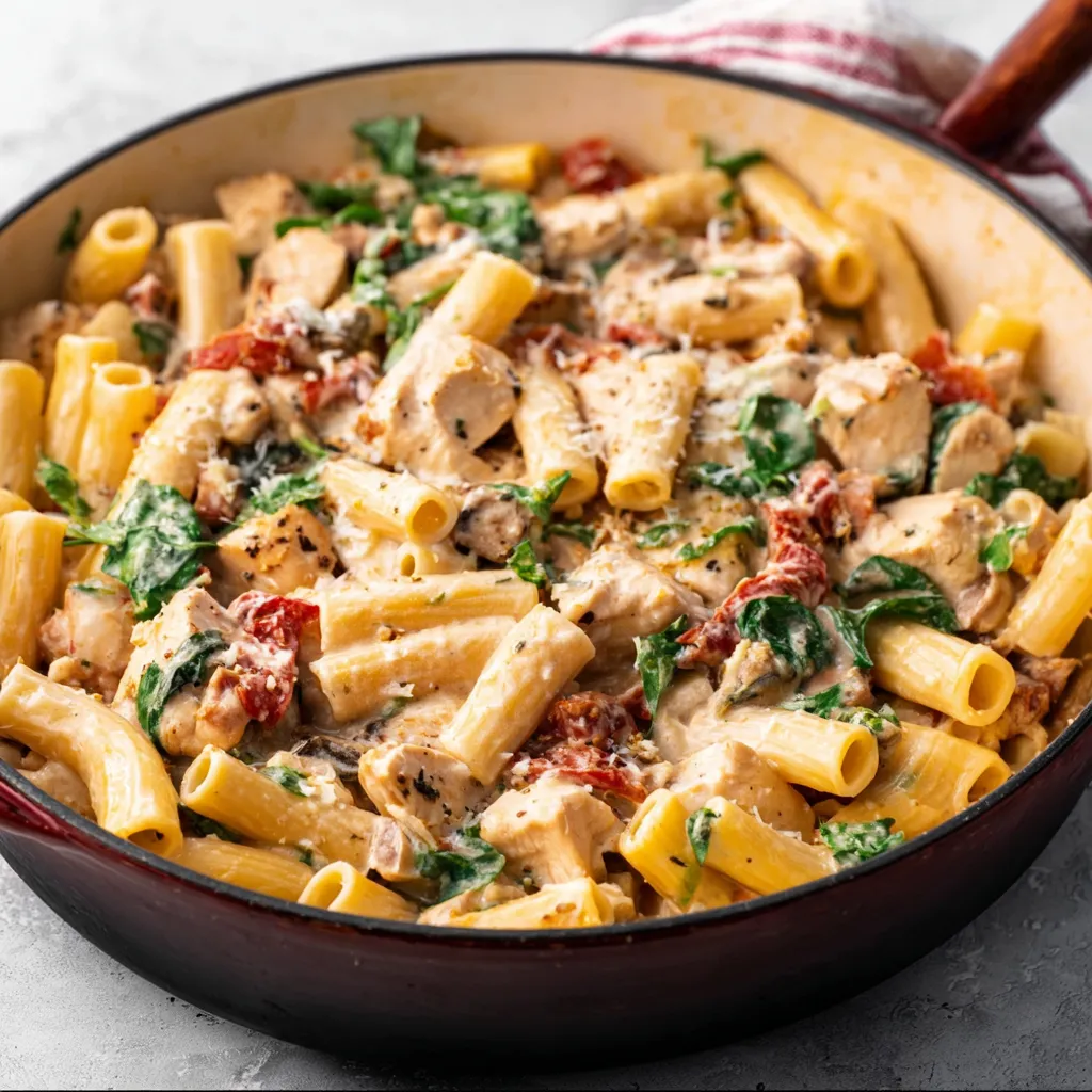 Close-up of creamy Tuscan Chicken Pasta featuring sun-dried tomatoes and spinach.