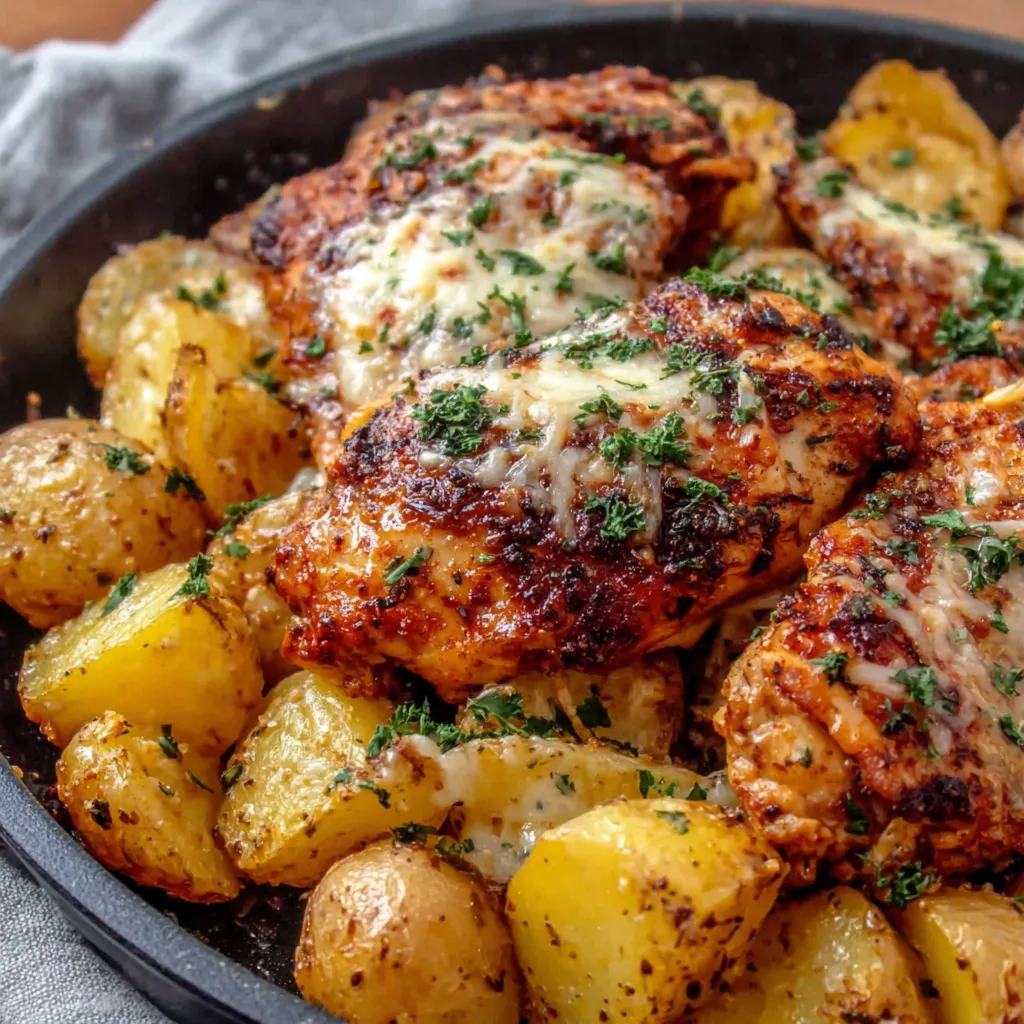 Close-up shot of perfectly roasted Garlic Parmesan Chicken and Potatoes, showcasing crispy chicken skin and golden brown potatoes.