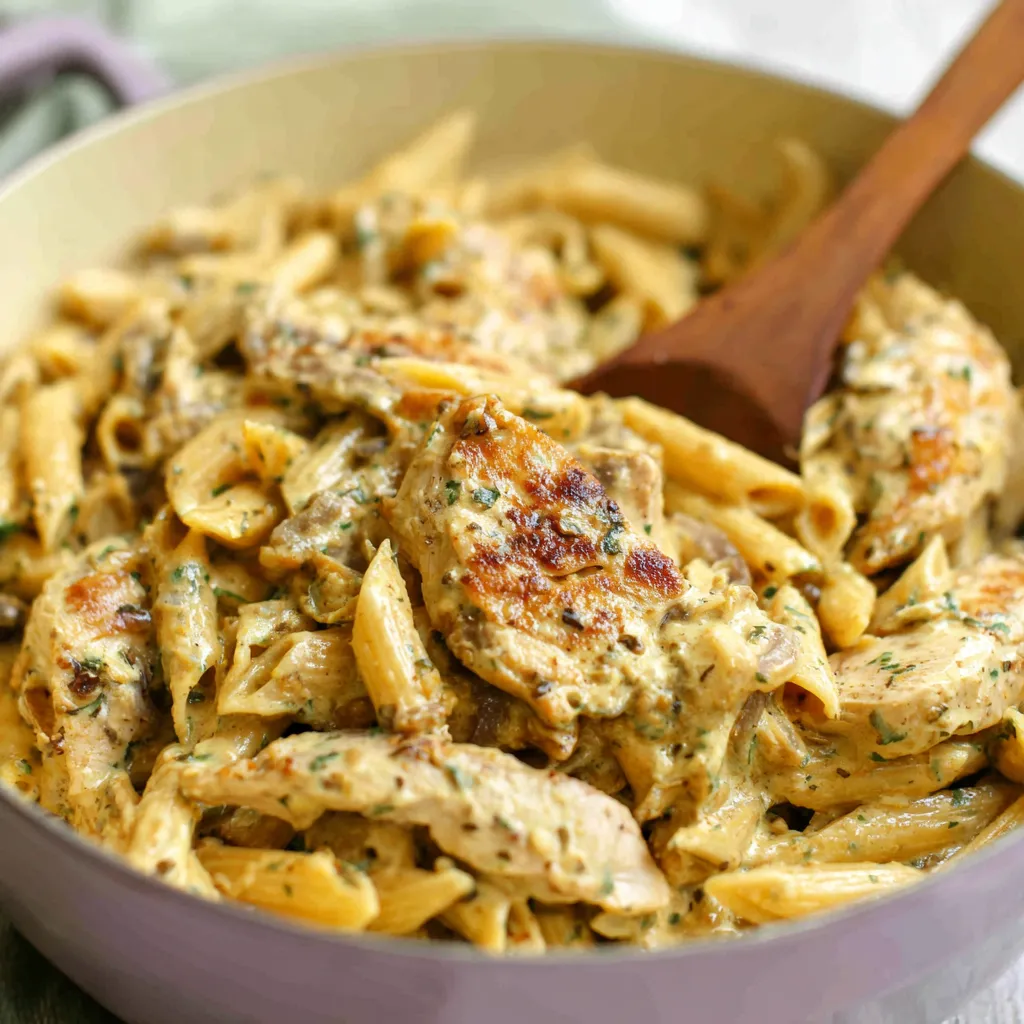 Close-up of creamy Garlic Parmesan Chicken Pasta in a bowl, showcasing the delicious chicken and sauce.