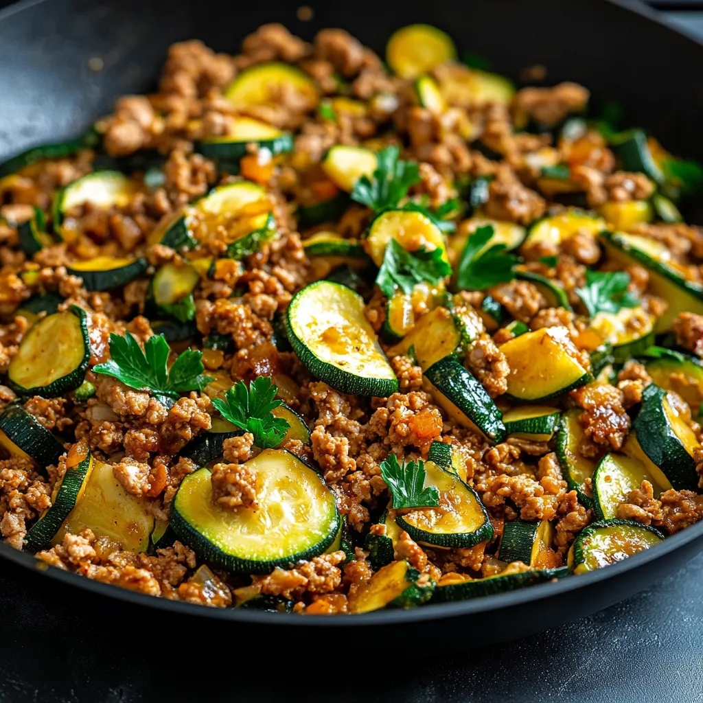 A close-up shows a delicious Ground Turkey And Zucchini Skillet, ready to be served.
