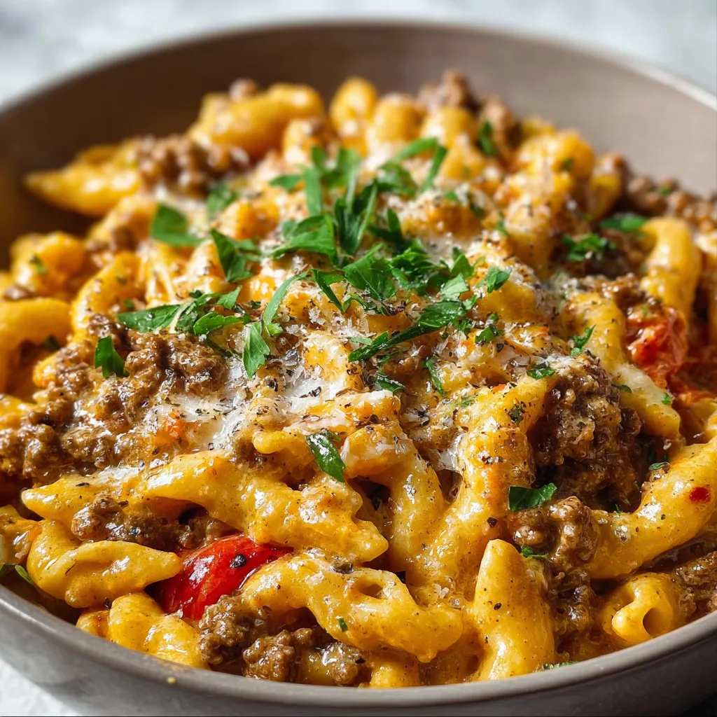 Close-up of flavorful High Protein Creamy Beef Pasta, showcasing the creamy sauce and tender beef.