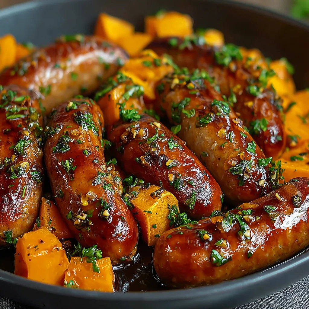 Close-up of Honey Garlic Sausage Sweet Potatoes, showcasing the caramelized sausage and tender sweet potatoes.