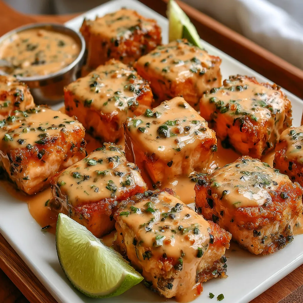 Close-up shot of freshly made Bang Bang Salmon Bites, showcasing their crispy coating and creamy sauce.