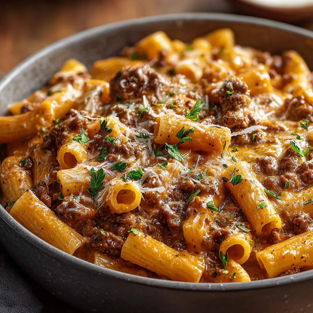 Close-up shows a delicious serving of Beef Pasta, ready to be enjoyed as part of a hearty meal.