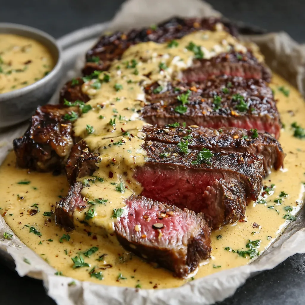 Close-up showcasing the tender, perfectly cooked Juicy Steak with Creamy Garlic Sauce, highlighting its texture and rich sauce.