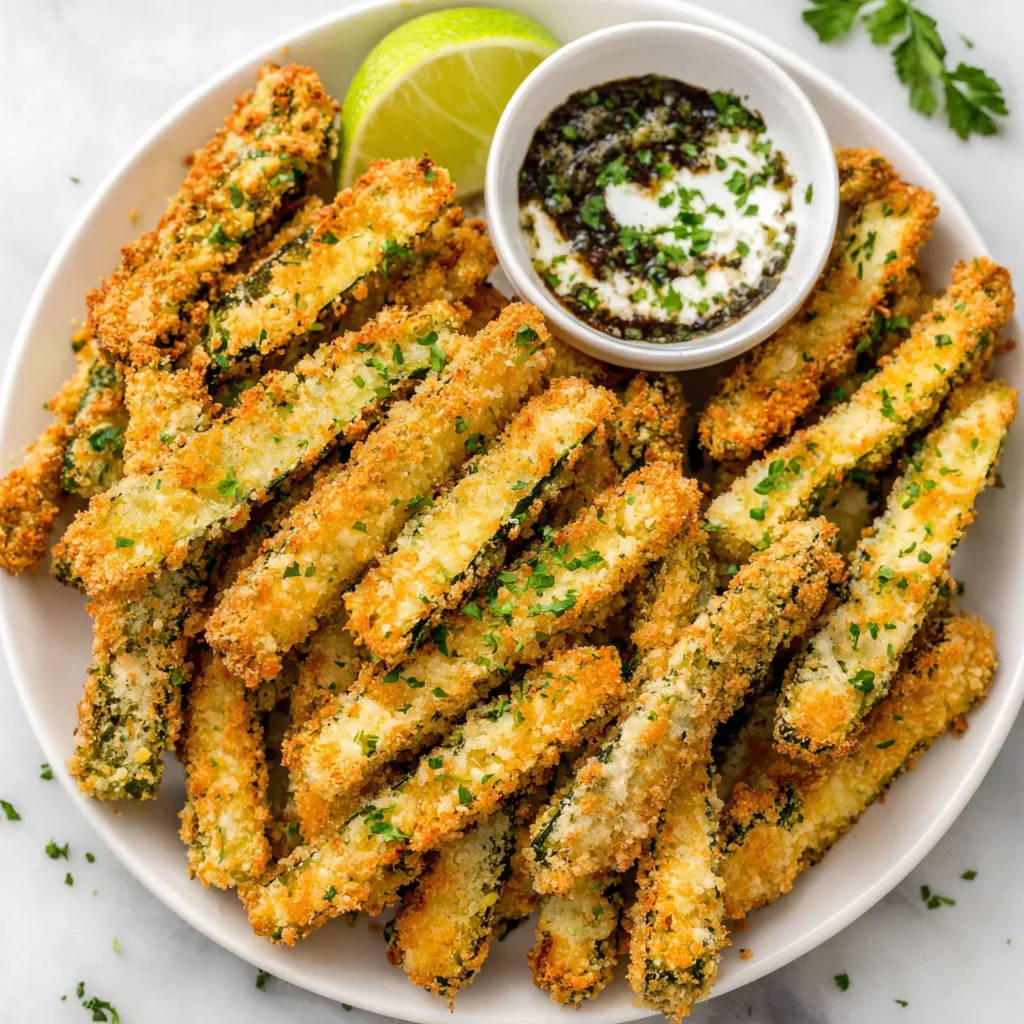 Close-up of crispy Parmesan Zucchini Fries showing their golden-brown crust and cheesy topping.
