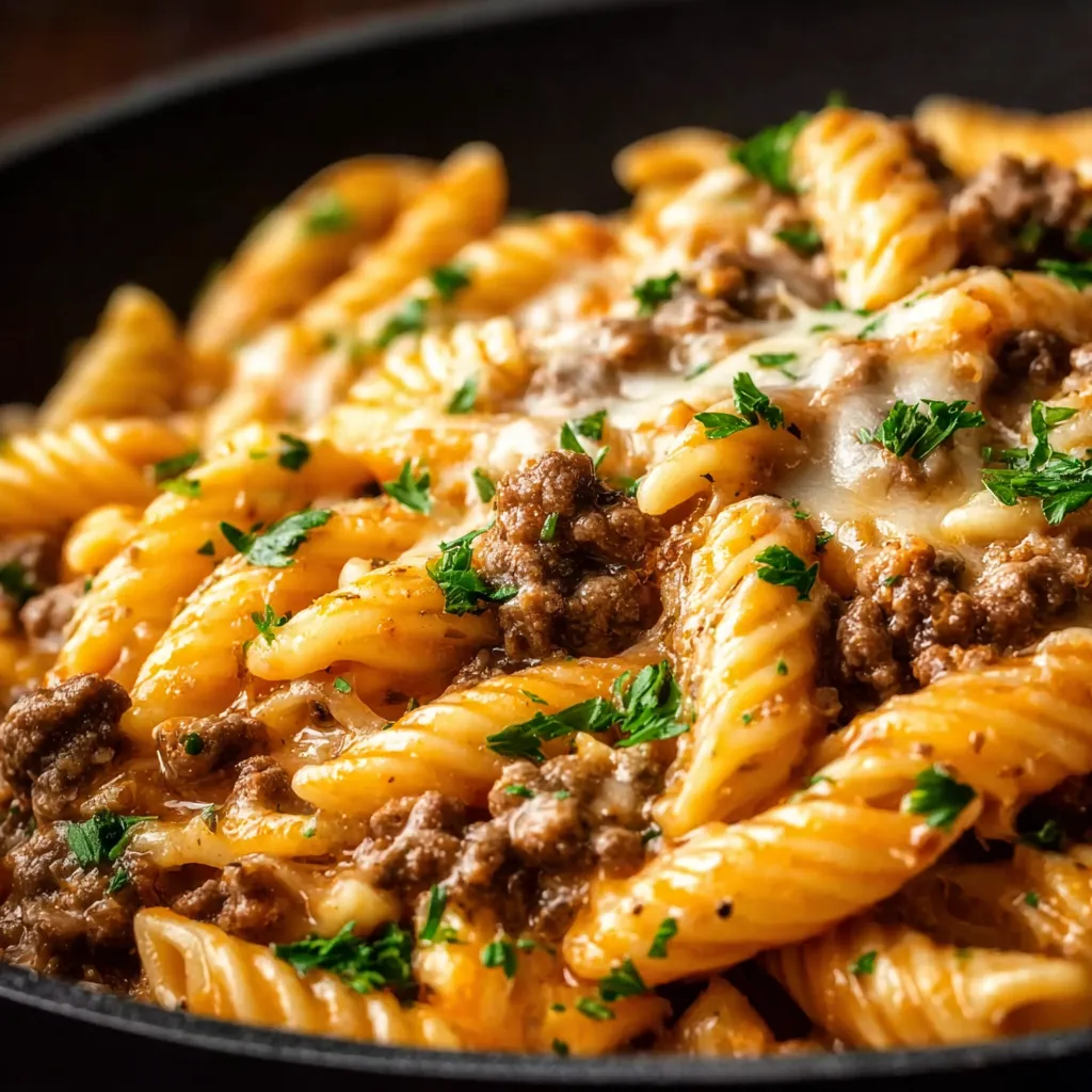 Close-up shot of a delicious plate of Beef Pasta, showcasing the rich sauce and tender beef.