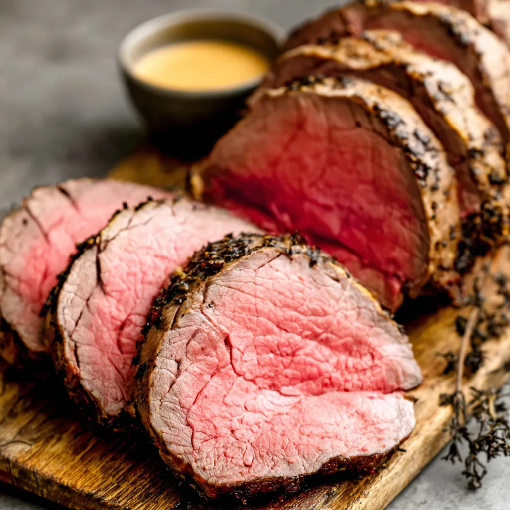 Close-up view of a perfectly cooked Beef Tenderloin Roast, ready to be sliced and served.