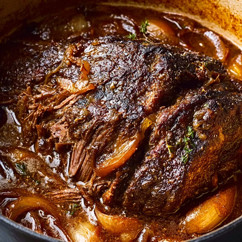 Close-up of a juicy French Onion Pot Roast, showing tender beef and caramelized onions.