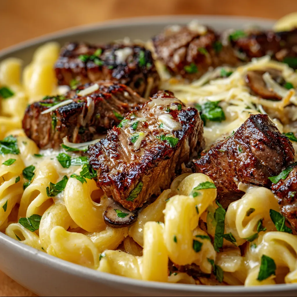 Close-up view of a delicious plate of Garlic Parmesan Steak Pasta, showcasing the creamy sauce and tender steak.