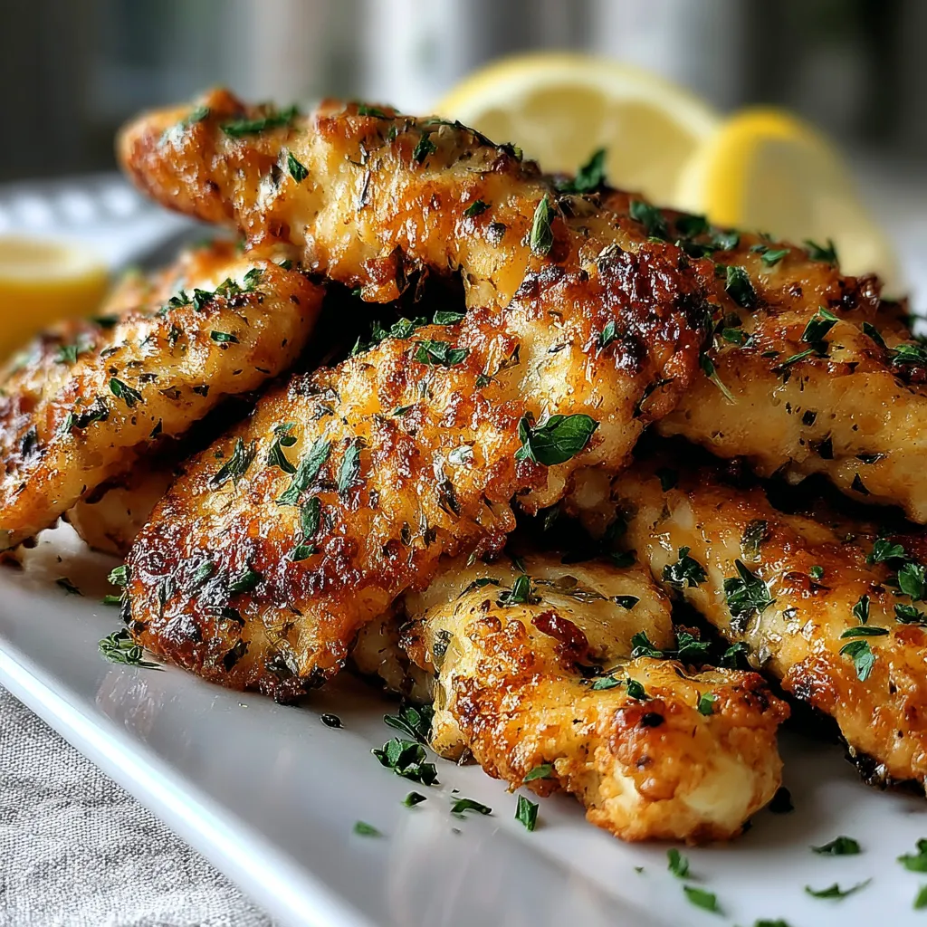 Close-up shows golden-brown Greek Chicken Tenders, perfect for a quick and delicious meal.