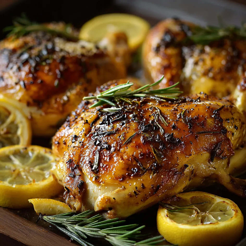 Close-up shot showcasing the golden-brown, crispy skin of the Rosemary Lemon Split Roast Chicken, highlighting the juicy meat and aromatic herbs.