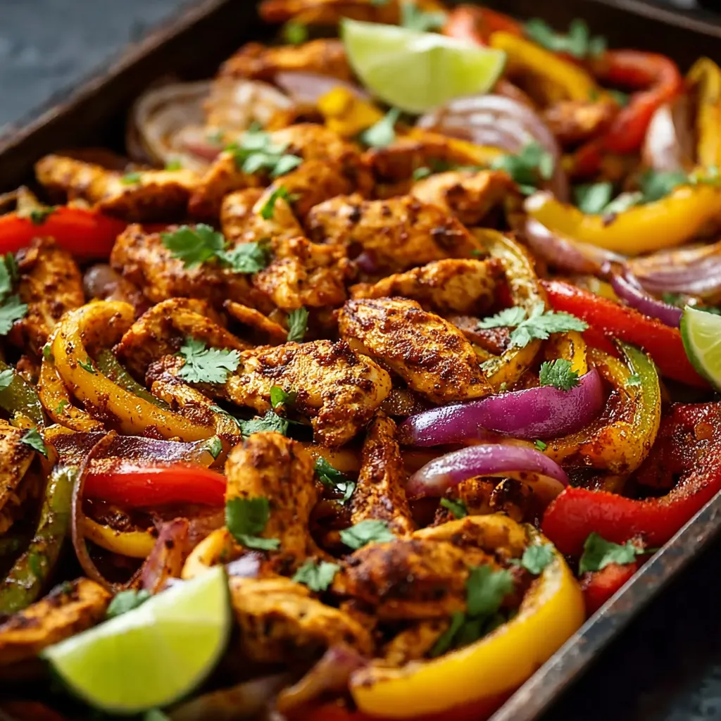 Close-up view of freshly baked Sheet Pan Chicken Fajitas, showcasing vibrant peppers and onions with juicy chicken.