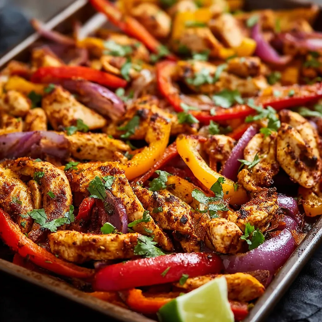 A close-up shot showcases the vibrant and colorful Sheet Pan Chicken Fajitas after roasting, ready to be enjoyed.
