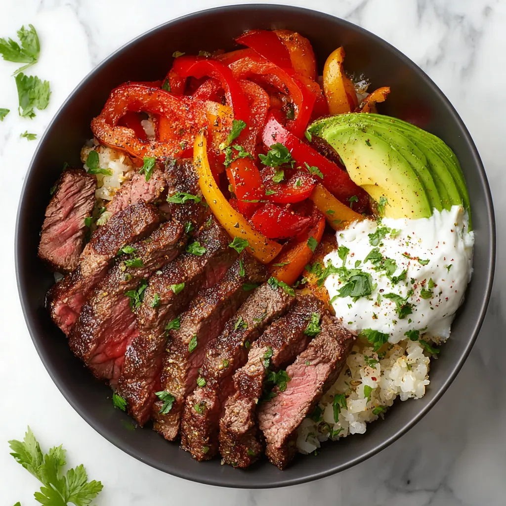 Close-up of a delicious Steak Fajita Bowl filled with grilled steak, rice, peppers, and onions.