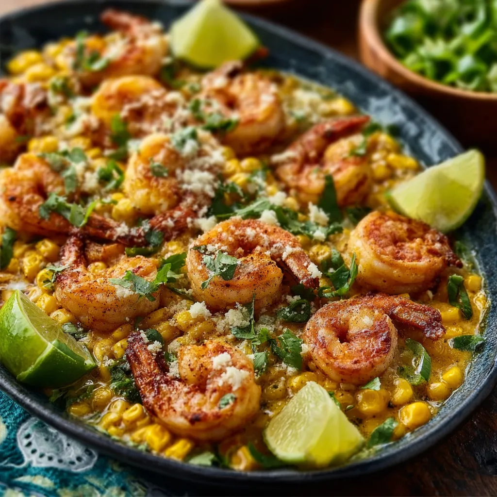 A close-up shot showcasing the vibrant colors and textures of Mexican Street Corn And Shrimp, highlighting the grilled corn, succulent shrimp, and creamy, spicy toppings.