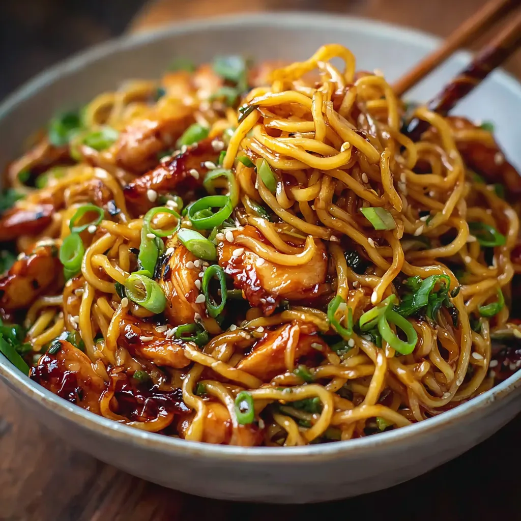Close-up shot showcasing a delicious serving of Sticky Garlic Chicken Noodles, ready to eat.