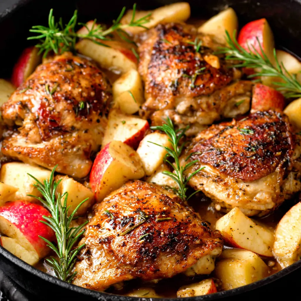 Close-up of juicy Rosemary Apple Cider Chicken, showcasing its flavorful glaze and tender texture.