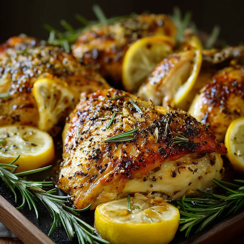 Close-up shot of a juicy and golden-brown Rosemary Lemon Split Roast Chicken, showcasing its crispy skin and flavorful herbs.