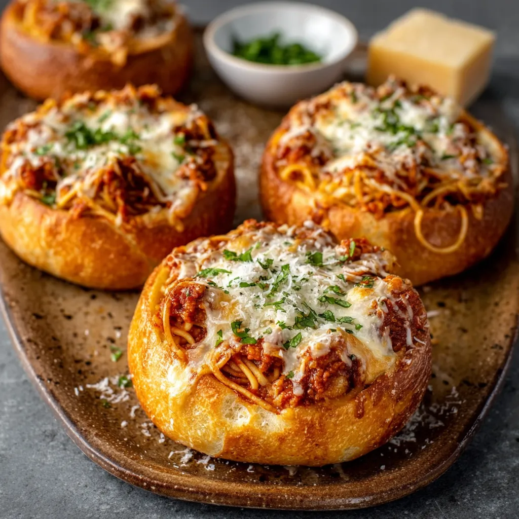 Close-up showing the delicious details of Spaghetti Garlic Bread Bowls.