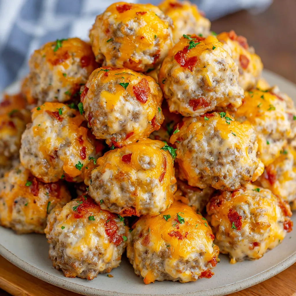 Close-up shot of freshly baked Spicy Rotel Cream Cheese Sausage Balls, showcasing their texture and inviting appearance.