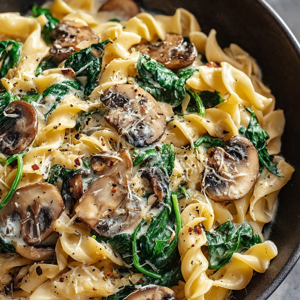 Close-up shot of a delicious plate of Spinach Mushroom Pasta, showcasing the creamy sauce and vibrant green spinach.