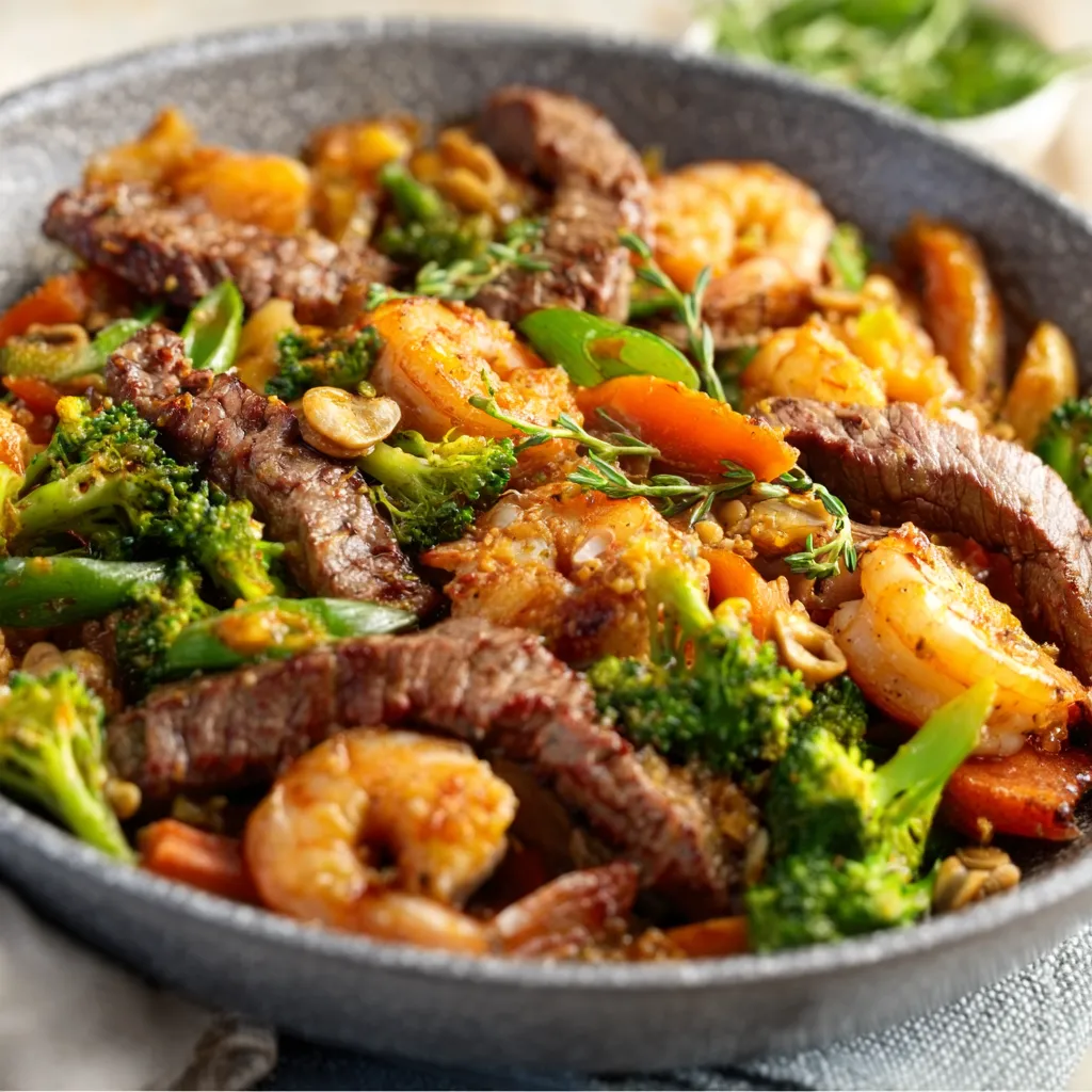 Close-up of a sizzling Steak And Shrimp Stir-Fry, showcasing the tender steak, plump shrimp, and colorful vegetables.