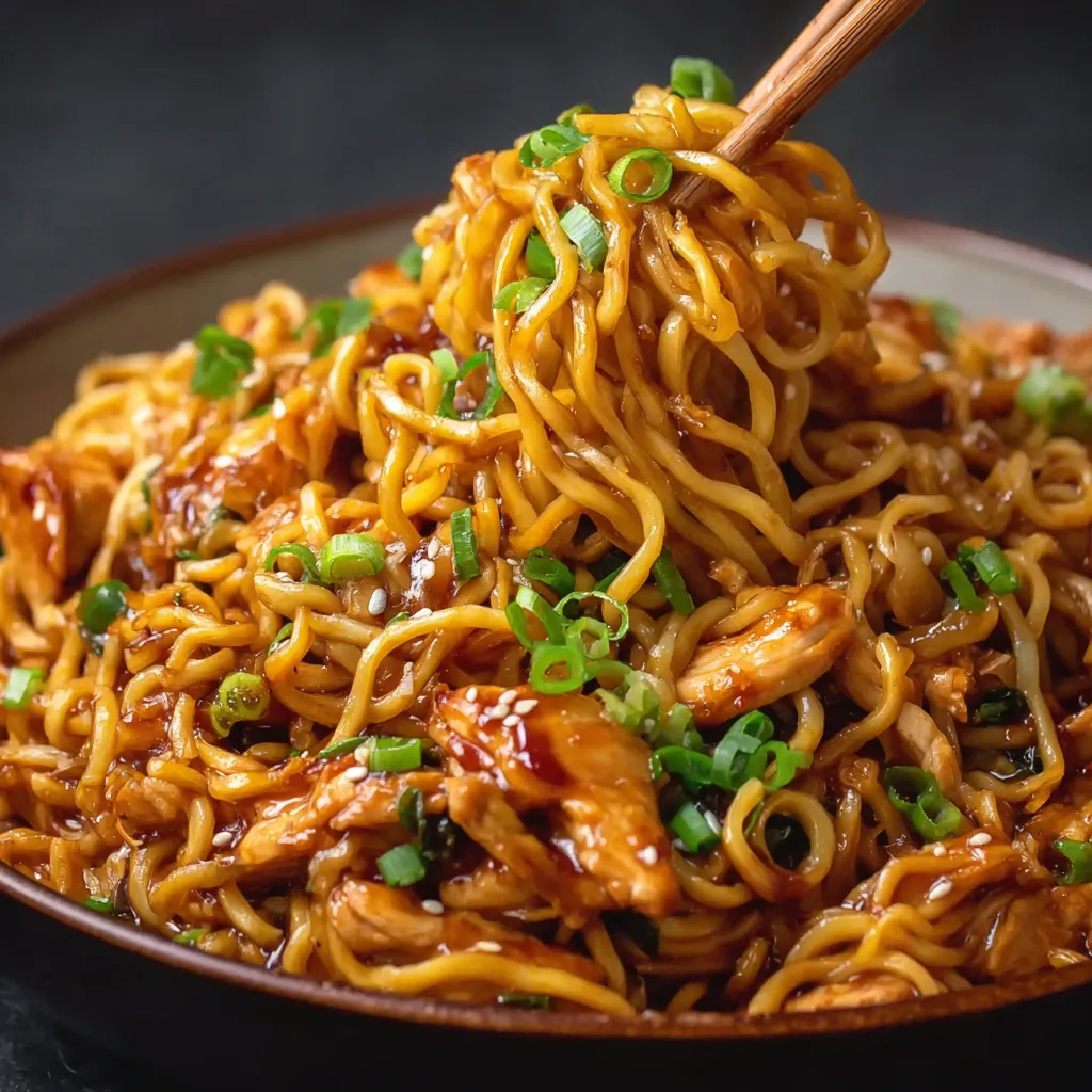 Close-up of flavorful Sticky Garlic Chicken Noodles, showcasing the glistening sauce and tender chicken pieces.