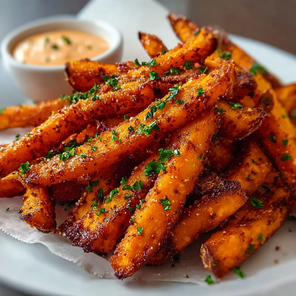 Close-up of crispy and golden Sweet Potato Fries, showcasing their appealing texture and color.