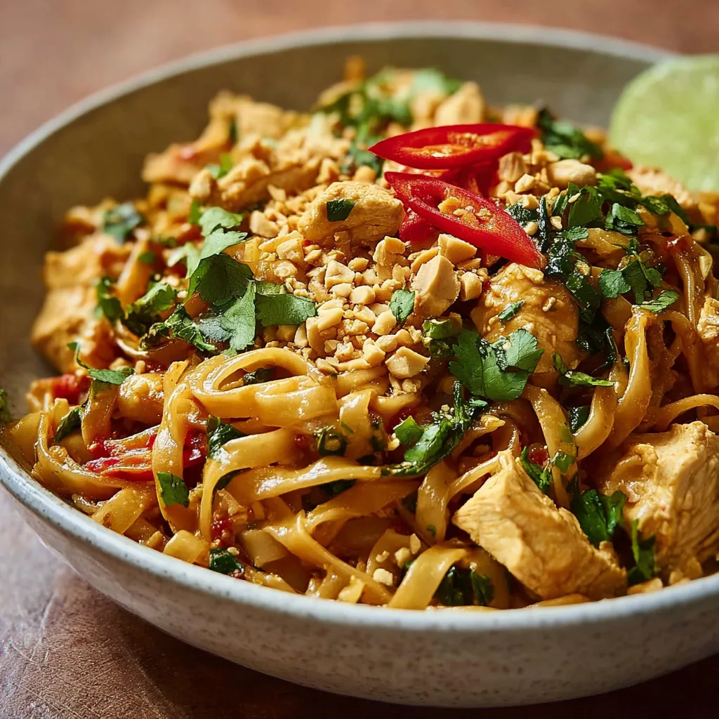 Close-up of delicious Thai Chicken Peanut Noodles, showcasing the vibrant sauce and tender chicken.
