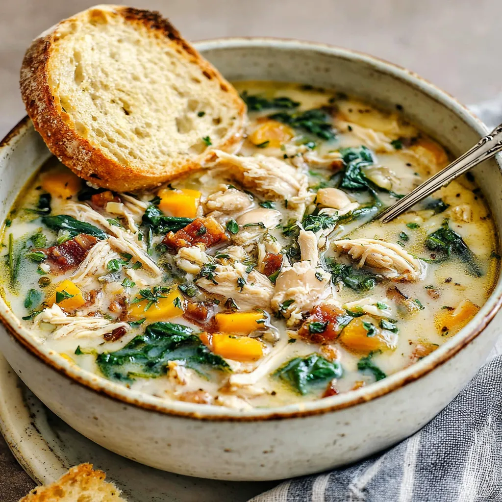 Close-up view of hearty Tuscan Chicken Soup with vegetables and pasta, ready to eat.